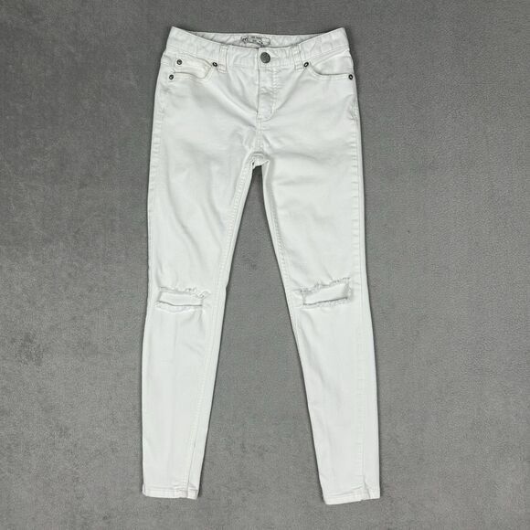 Free People Womens 26 White Mid Rise Ankle Skinny Stretch Distressed Denim Jeans - Picture 1 of 10